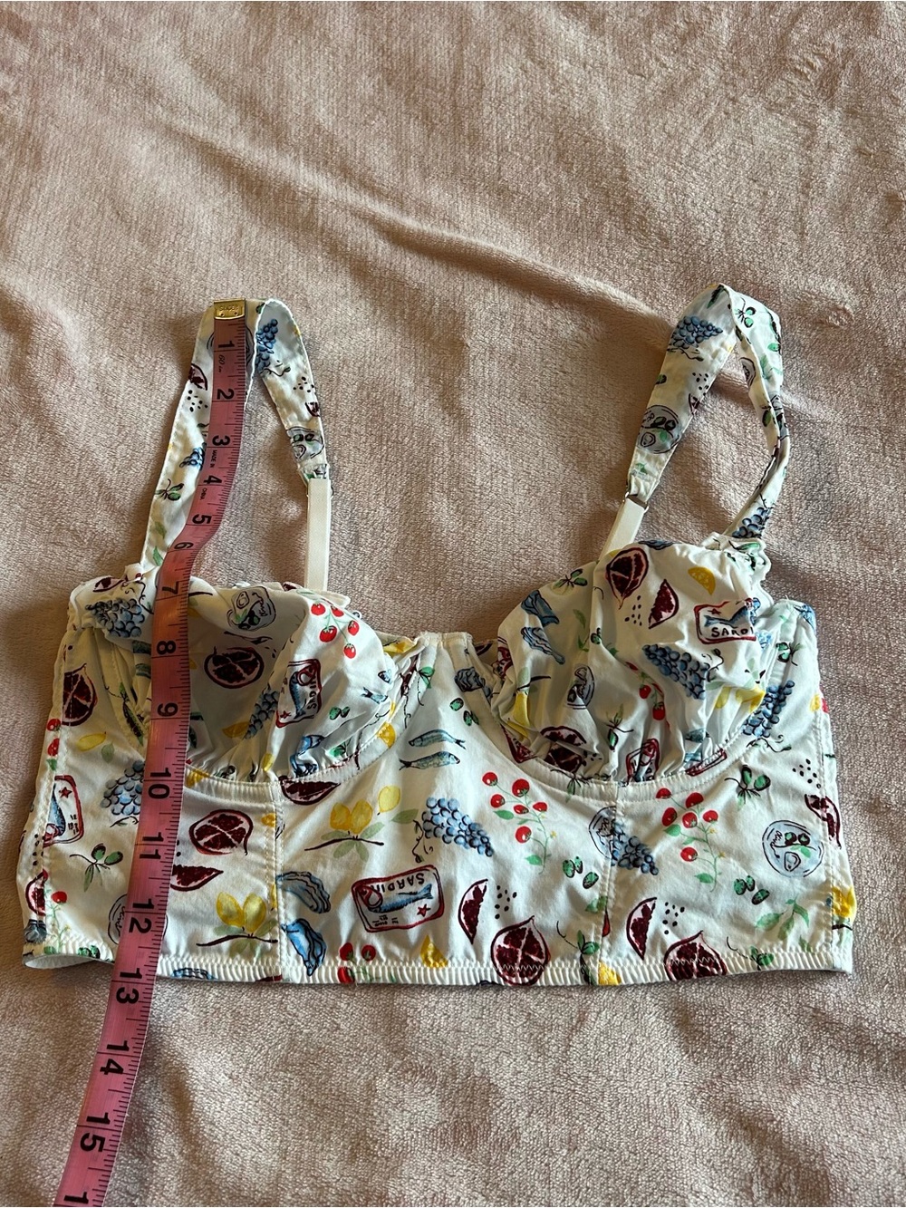 Colsie white fruit and sardine print corset bra size S festival kitschy coastal - Picture 9 of 9